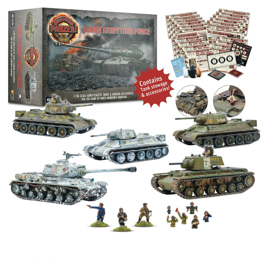 Achtung Panzer! Soviet Army Tank Force Warlord Games – pudełko zestawu z zawartością: 3x T-34/76, IS-2 zimowy kamuflaż, KV-1, figurki załogi, datacards, stowage, 28mm 1:56