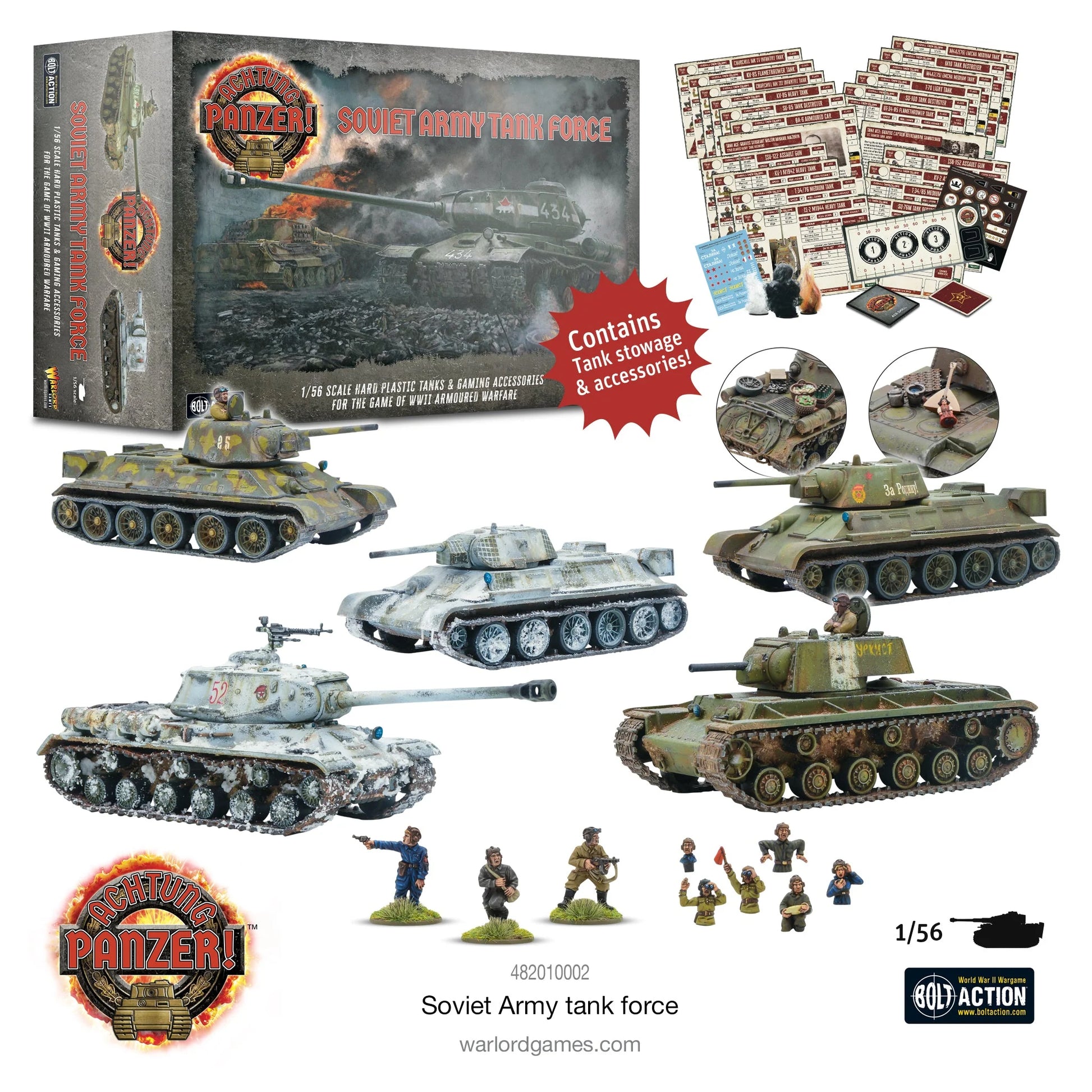 Achtung Panzer! Soviet Army Tank Force – wszystkie 5 pojazdów zestawu: 3x T-34/76, IS-2, KV-1/KV-2, 28mm 1:56