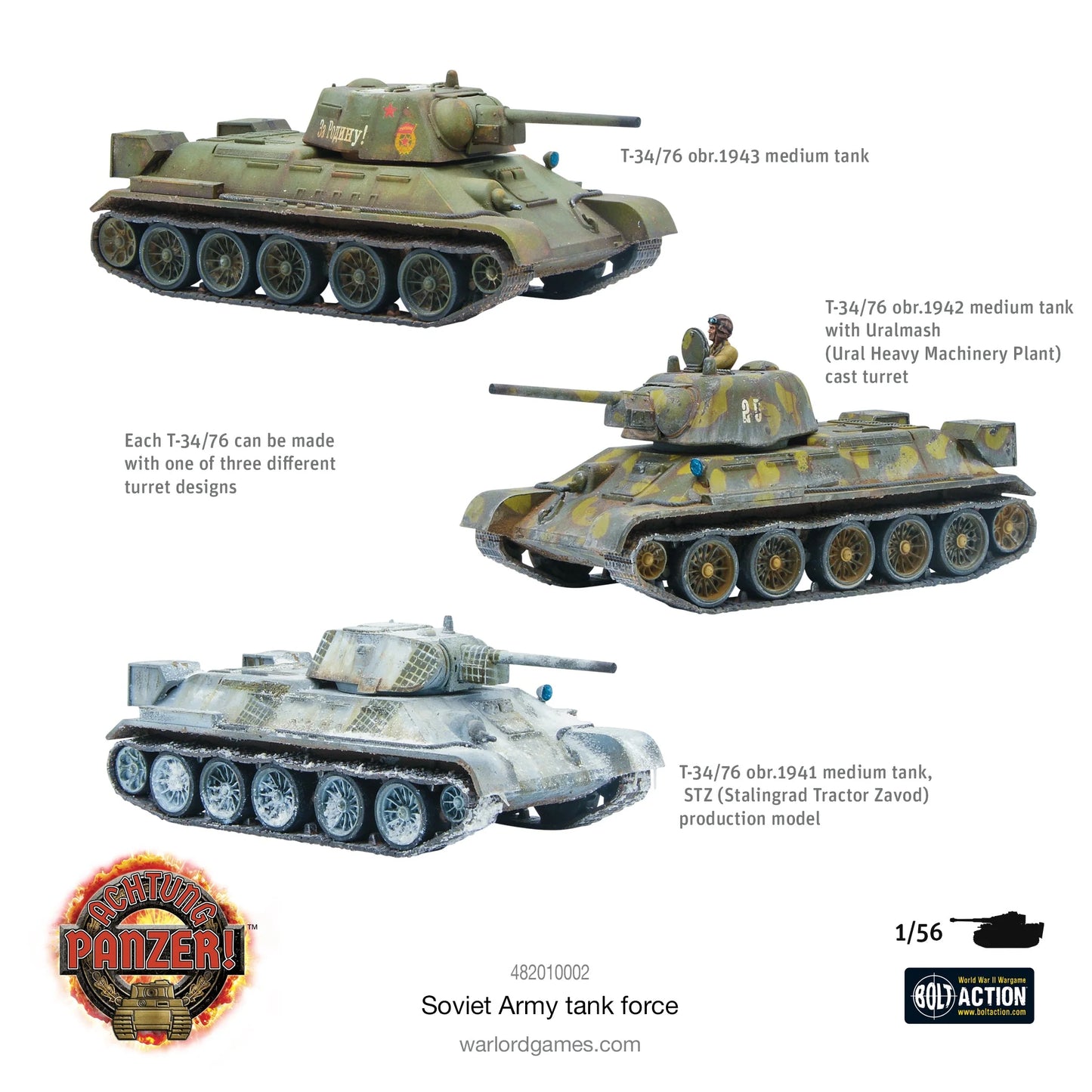 Achtung Panzer! Soviet Army Tank Force Warlord Games – pudełko zestawu 482010002, T-34/76 trzy warianty wieży, skala 28mm 1:56