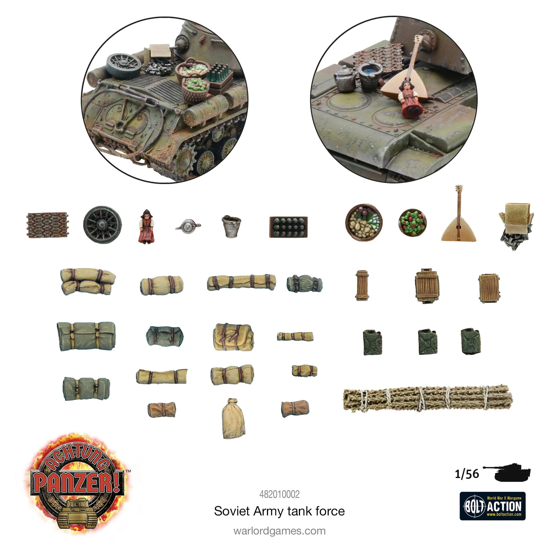 Achtung Panzer! Soviet Army Tank Force – akcesoria stowage: bałałajka, manierki, worki, kanistry, żywica Warlord, 28mm