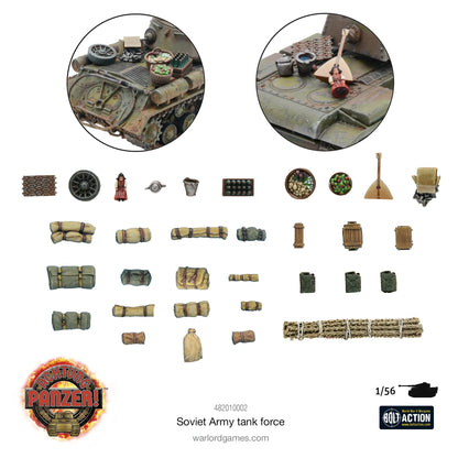 Achtung Panzer! Soviet Army Tank Force – akcesoria stowage: bałałajka, manierki, worki, kanistry, żywica Warlord, 28mm