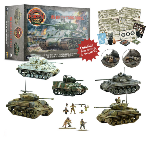 Achtung Panzer! US Army Tank Force Warlord Games – pudełko zestawu z zawartością: 3x Sherman M4A3E8, M18 Hellcat, M5 Stuart, figurki załogi, datacards, stowage, 28mm 1:56