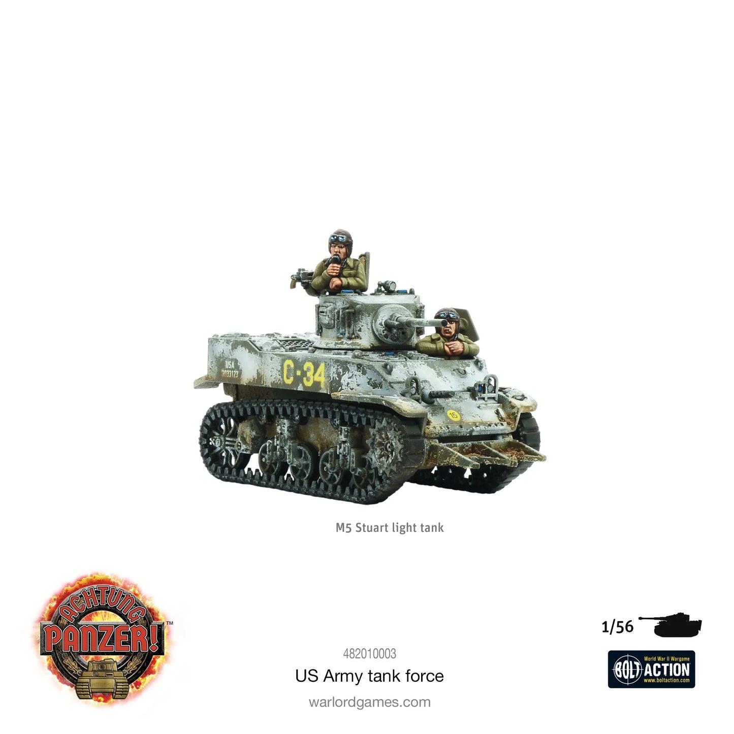 Achtung Panzer! US Army Tank Force – M5 Stuart lekki czołg pomalowany, oznaczenie C-34, 28mm 1:56 Bolt Action