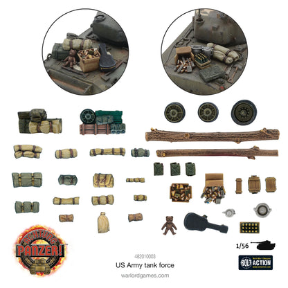 Achtung Panzer! US Army Tank Force – akcesoria stowage: bagaże, kanistry, skrzynie, kłody, żywica Warlord, 28mm