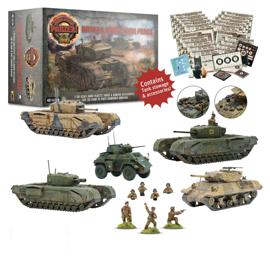 Achtung Panzer! British Army Tank Force Warlord Games – pudełko zestawu z zawartością: 3x Churchill, M10 Wolverine, Humber, figurki załogi, datacards, stowage, 28mm 1:56
