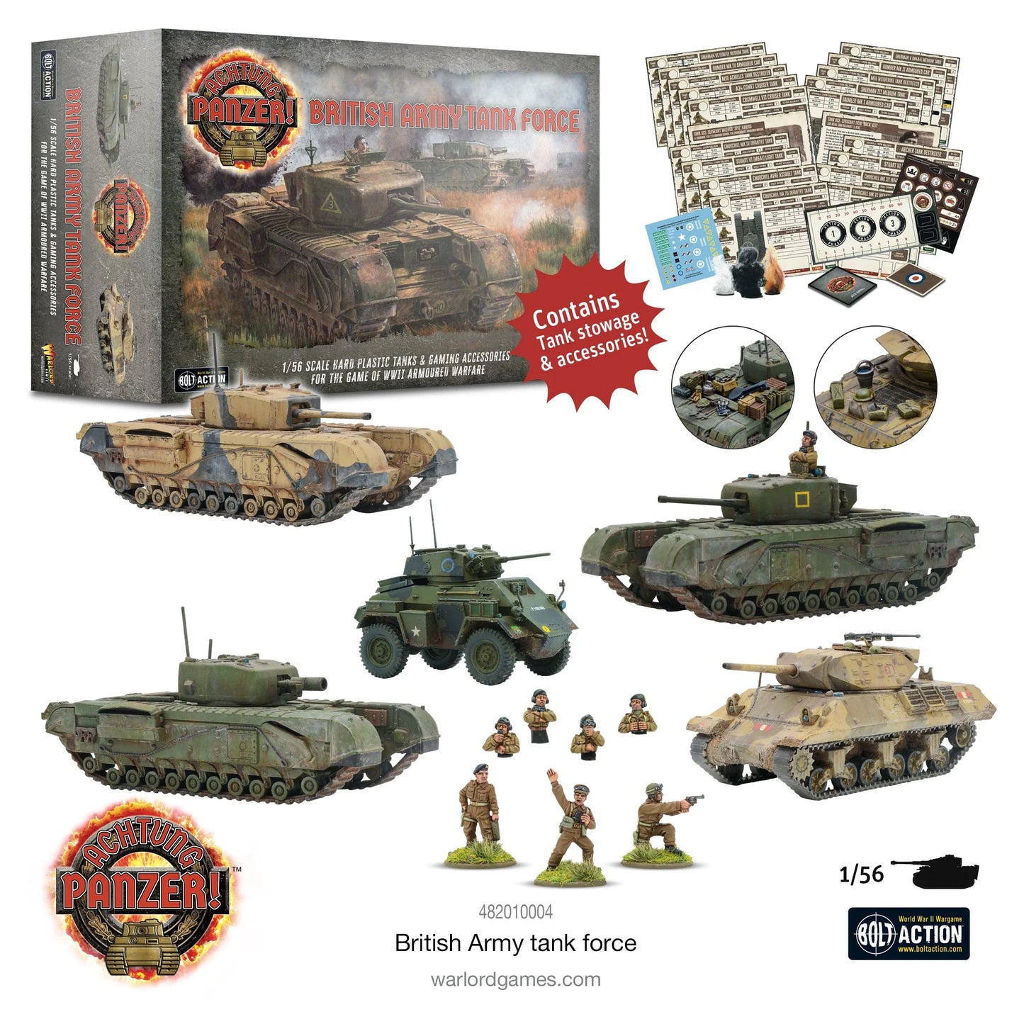Achtung Panzer! British Army Tank Force Warlord Games – wszystkie 5 pojazdów zestawu: Churchill Mk III pustynny, Churchill Mk IV, Churchill AVRE, M10 Wolverine, Humber, 28mm 1:56