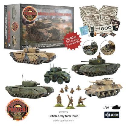 Achtung Panzer! British Army Tank Force Warlord Games – wszystkie 5 pojazdów zestawu: Churchill Mk III pustynny, Churchill Mk IV, Churchill AVRE, M10 Wolverine, Humber, 28mm 1:56