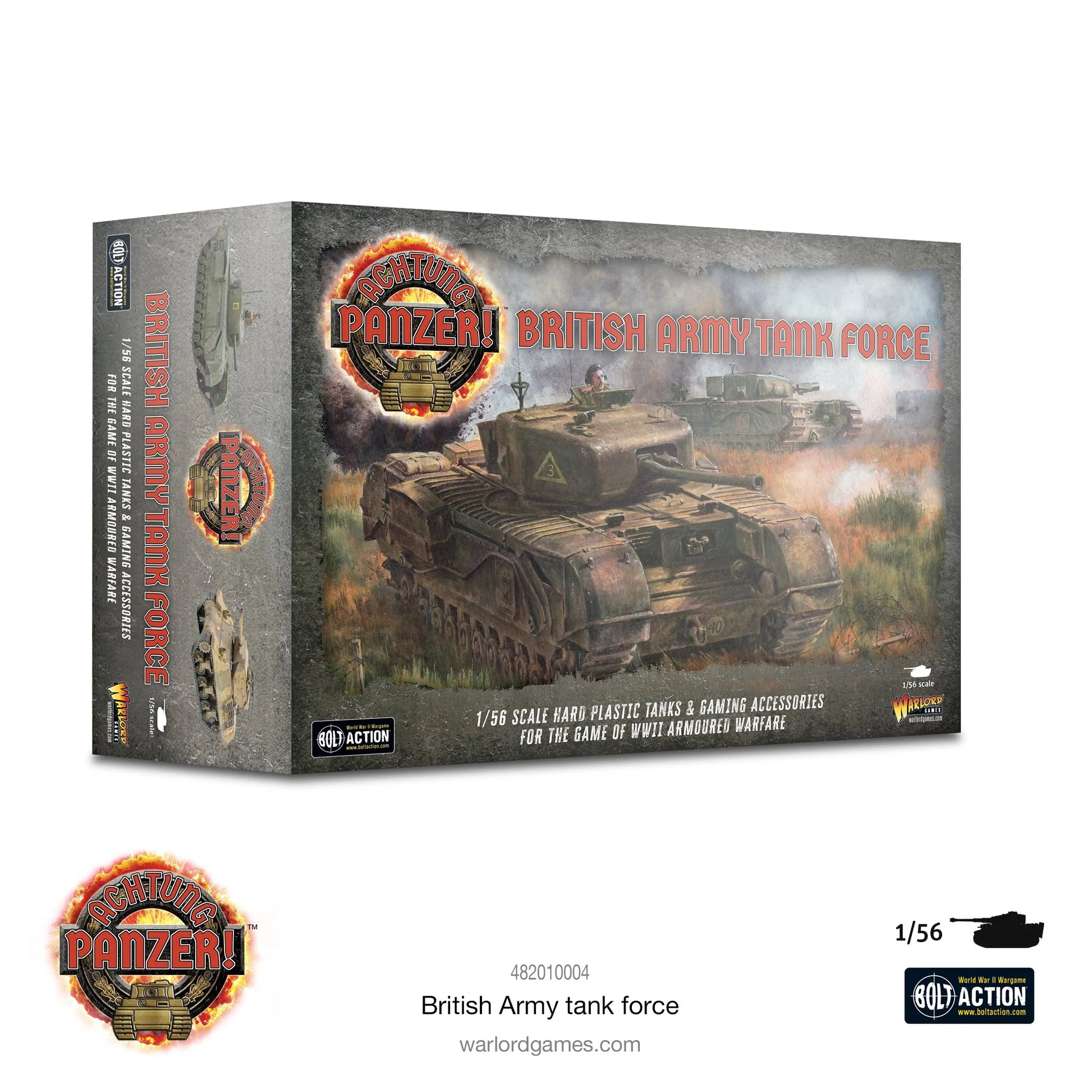 Achtung Panzer! British Army Tank Force – pudełko zestawu 482010004, Churchill na okładce, 1/56 scale hard plastic tanks, Bolt Action Warlord Games