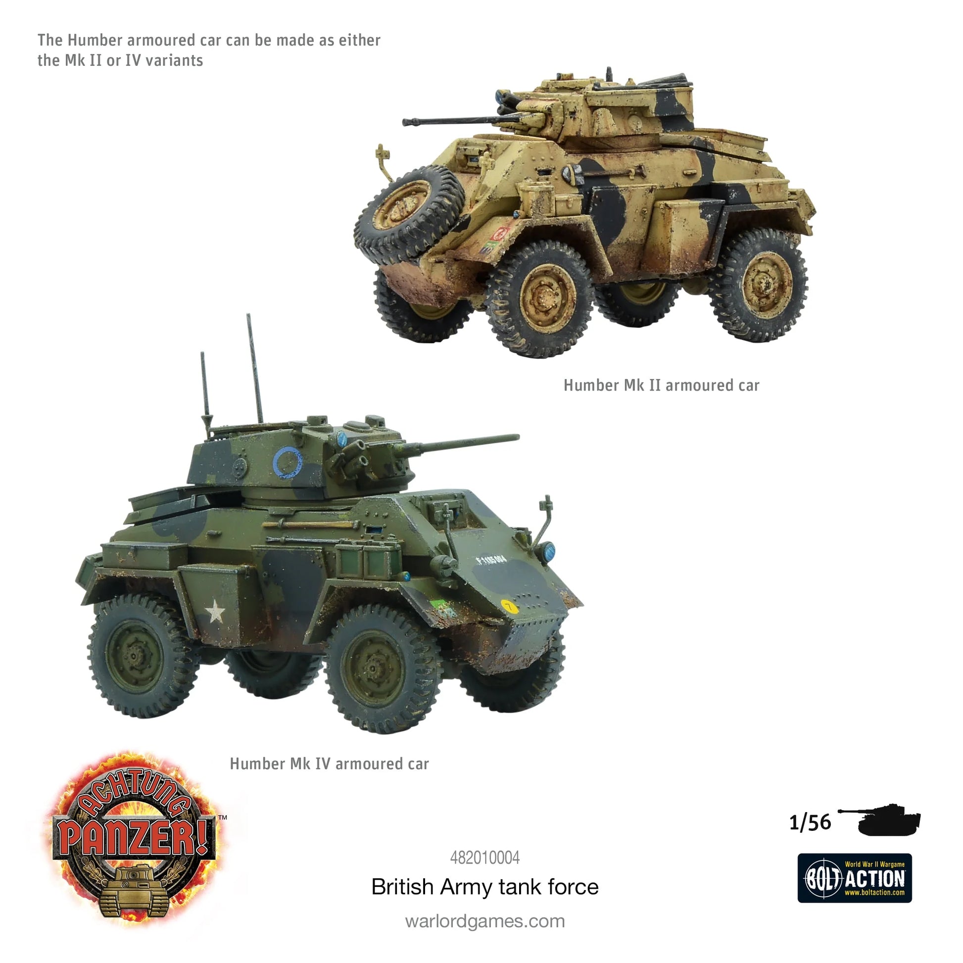 Achtung Panzer! British Army Tank Force – Humber Mk II kamuflaż pustynny i Humber Mk IV zielony, dwa warianty samochodu pancernego, 28mm 1:56 Bolt Action