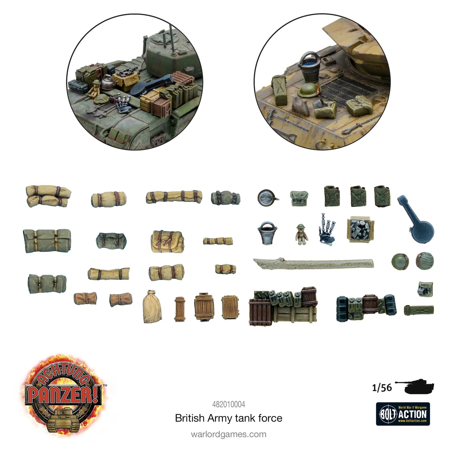 Achtung Panzer! British Army Tank Force – akcesoria stowage: koce, skrzynie, kanistry, wiadro, dudy, żywica Warlord, detale na pancerzu Churchilla i Humbera, 28mm
