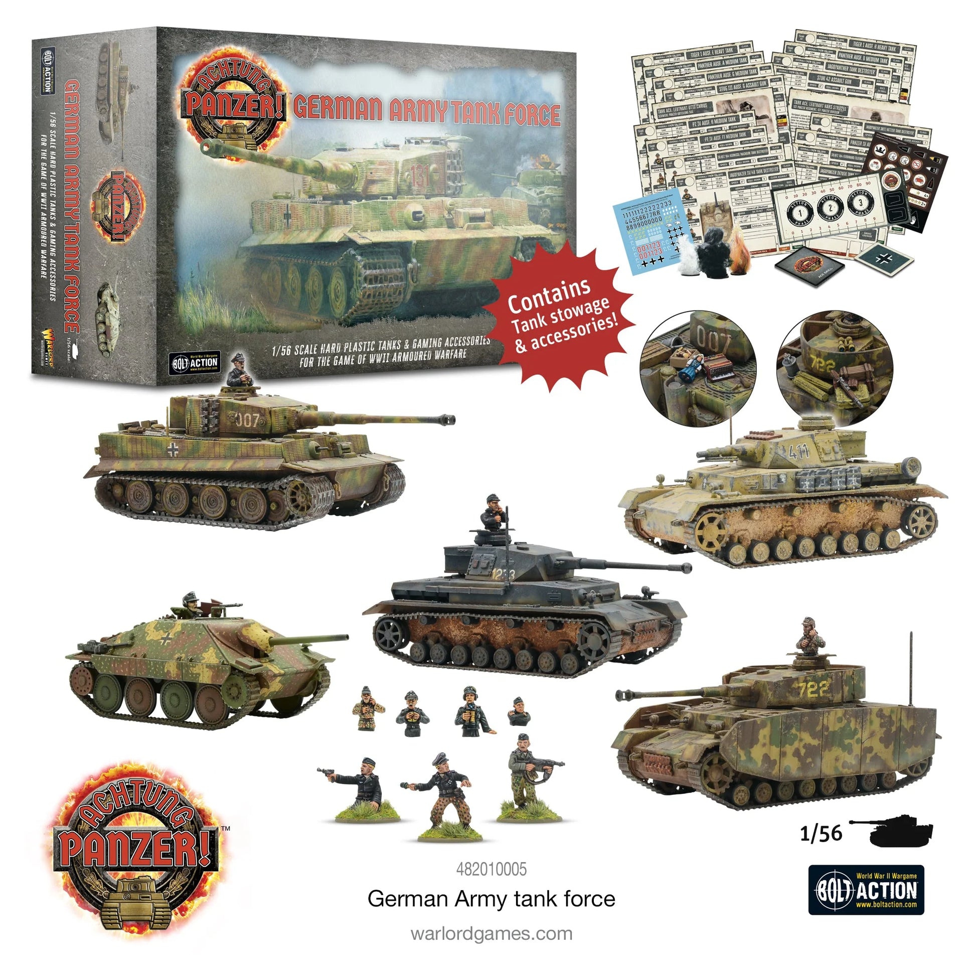 Achtung Panzer! German Army Tank Force – zawartość zestawu: pudełko, 5 modeli czołgów 1/56, karty, żetony, kalkomanie i figurki załogi, Warlord Games
