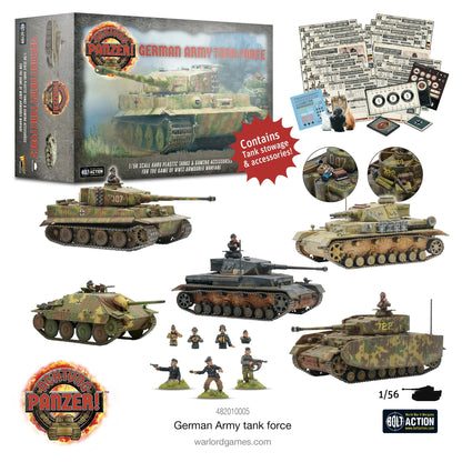 Achtung Panzer! German Army Tank Force – zawartość zestawu: pudełko, 5 modeli czołgów 1/56, karty, żetony, kalkomanie i figurki załogi, Warlord Games
