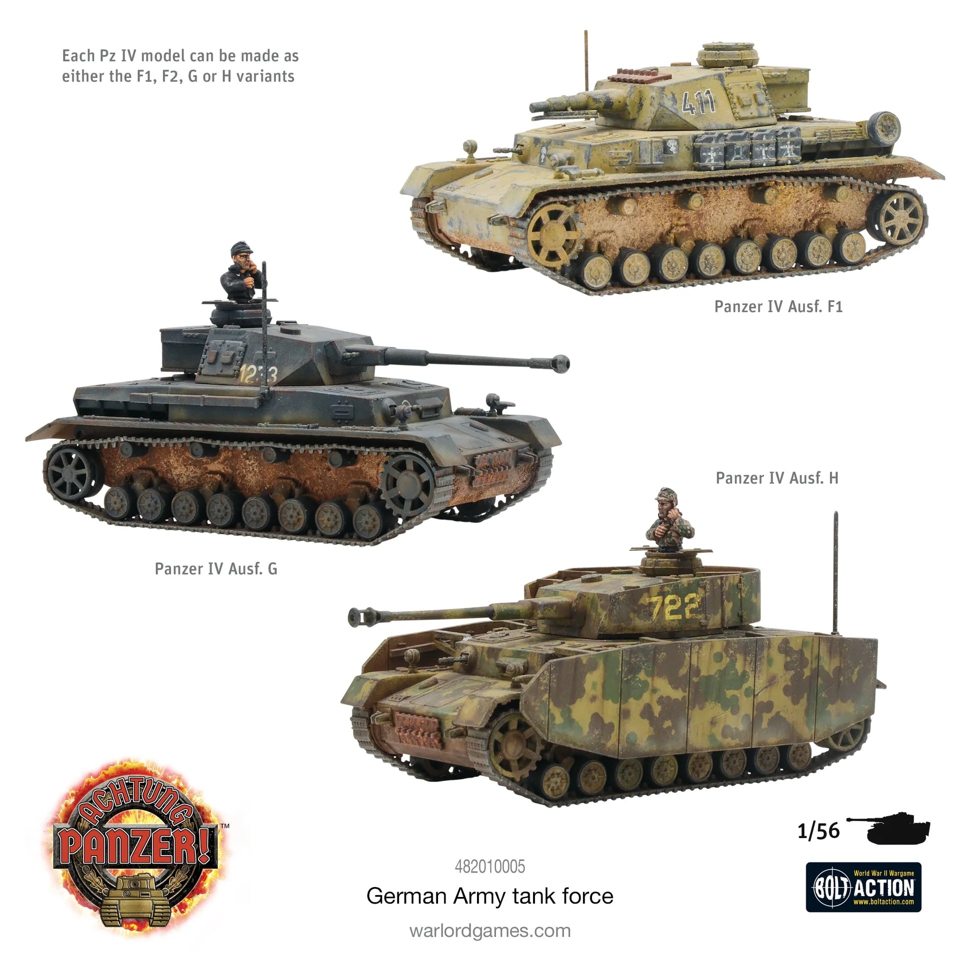 Achtung Panzer! German Army Tank Force – trzy warianty Panzera IV (Ausf. F1, G i H) w skali 1/56, pomalowane modele plastikowe, Warlord Games
