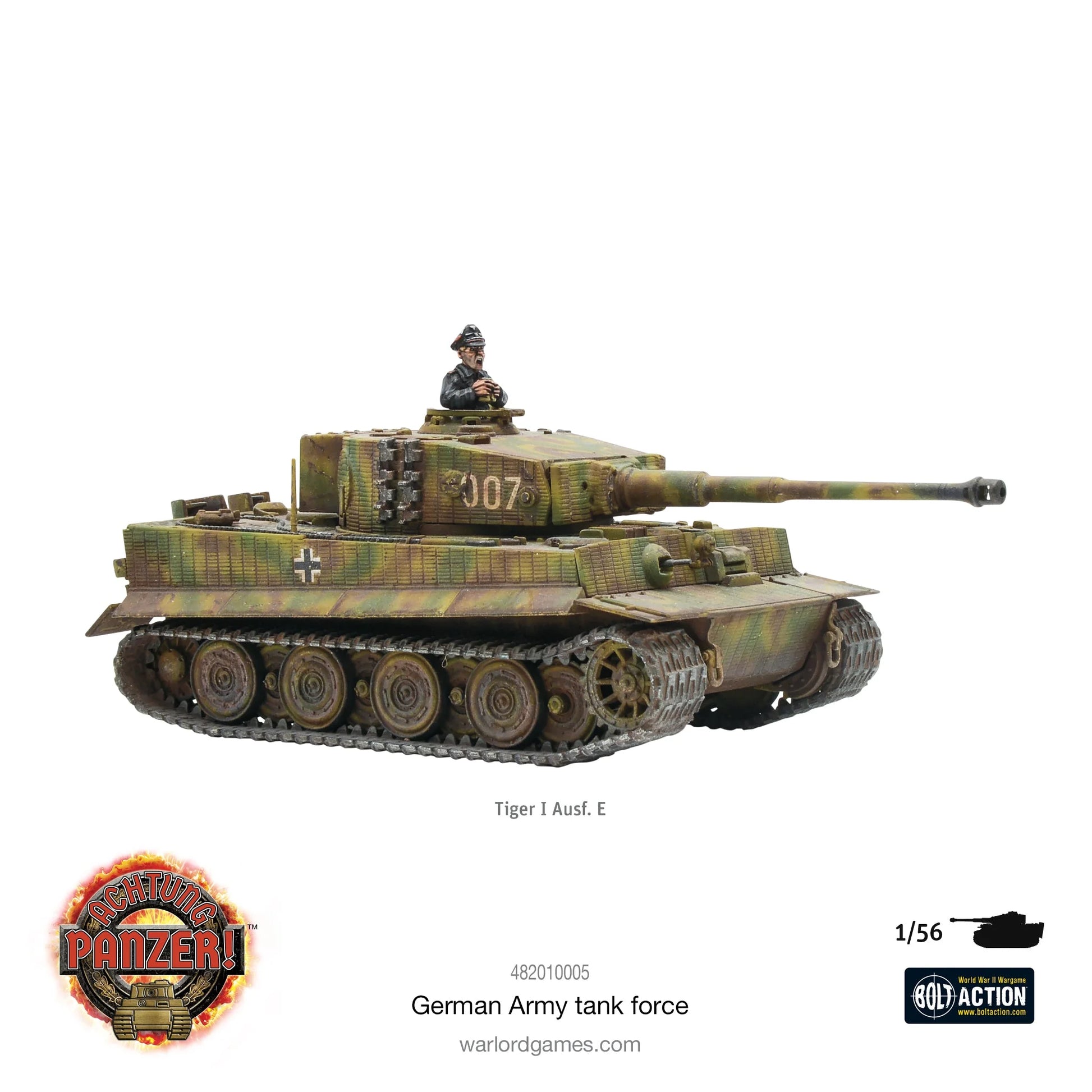 Achtung Panzer! German Army Tank Force – pomalowany model Tygrysa I Ausf. E w skali 1/56 z numerem 007, kamuflaż zielono-brązowy, Warlord Games
