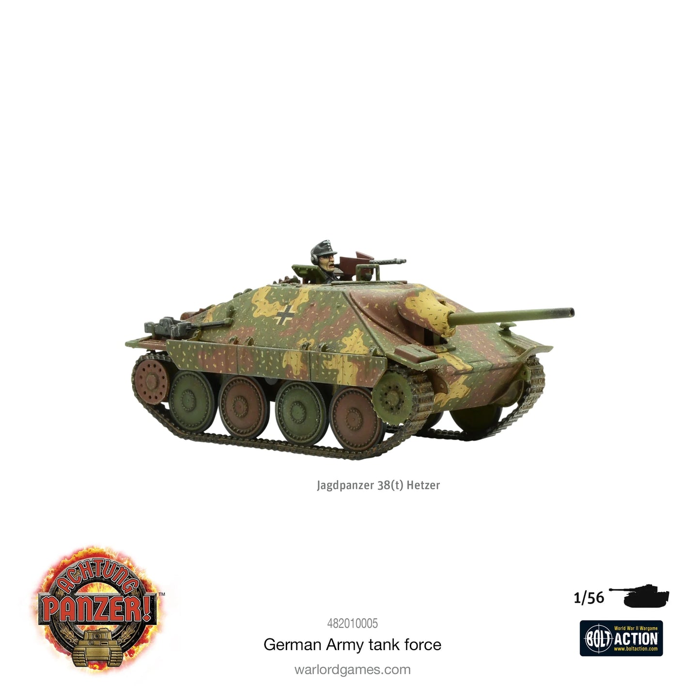 Achtung Panzer! German Army Tank Force – pomalowany model niszczyciela czołgów Jagdpanzer 38(t) Hetzer w skali 1/56, kamuflaż trójkolorowy, Warlord Games
