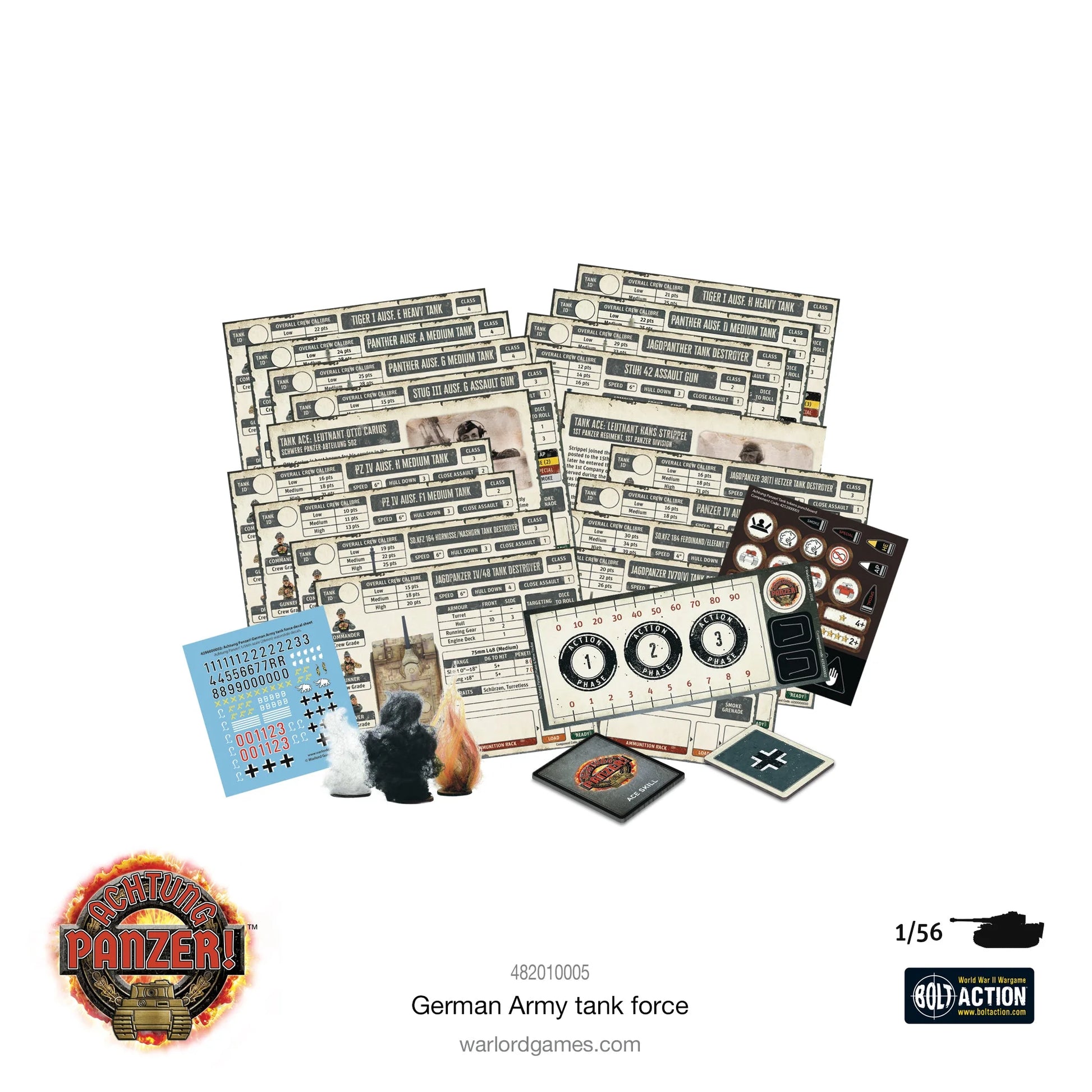 Achtung Panzer! German Army Tank Force – rozłożone karty Datacards dla 16 pojazdów, kalkomanie, żetony faz akcji i znaczniki Achtung Panzer!, Warlord Games
