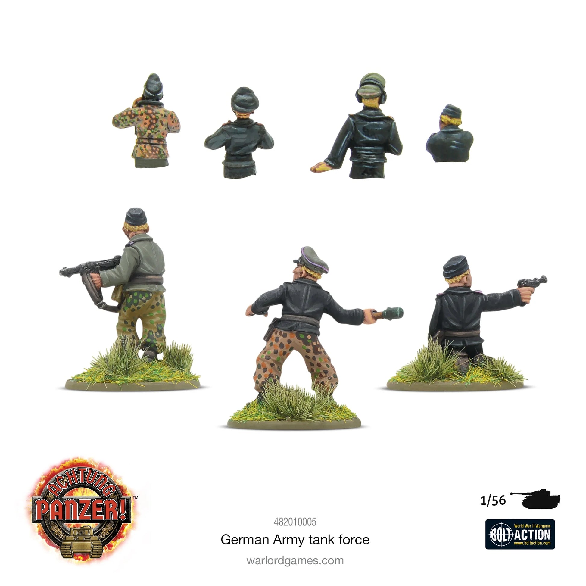 Achtung Panzer! German Army Tank Force – widok z tyłu 7 żywicznych figurek załogi czołgów: 4 popiersia i 3 figurki dismounted w mundurach Panzerwaffe, Warlord Games

