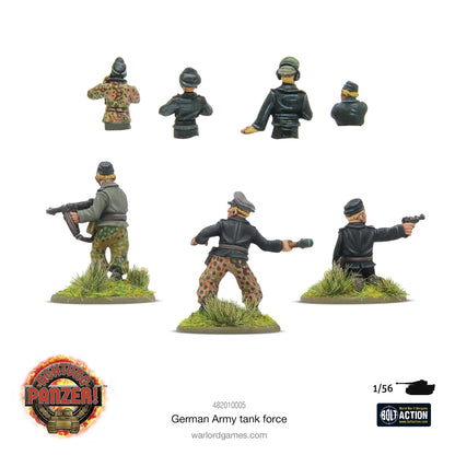 Achtung Panzer! German Army Tank Force – widok z tyłu 7 żywicznych figurek załogi czołgów: 4 popiersia i 3 figurki dismounted w mundurach Panzerwaffe, Warlord Games
