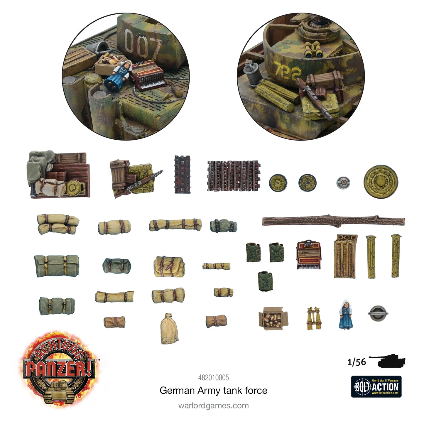 Achtung Panzer! German Army Tank Force – kompletny zestaw akcesoriów stowage: ekwipunek, skrzynie, kanistry, lornetki, plandeki i figurka cywila, skala 1/56, Warlord Games
