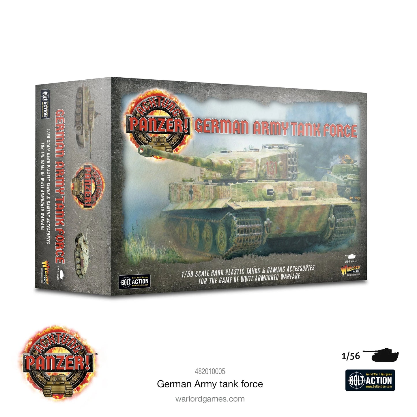 Achtung Panzer! German Army Tank Force – pudełko zestawu z Tygrysem I na okładce, logo Achtung Panzer! i Bolt Action, skala 1/56, Warlord Games

