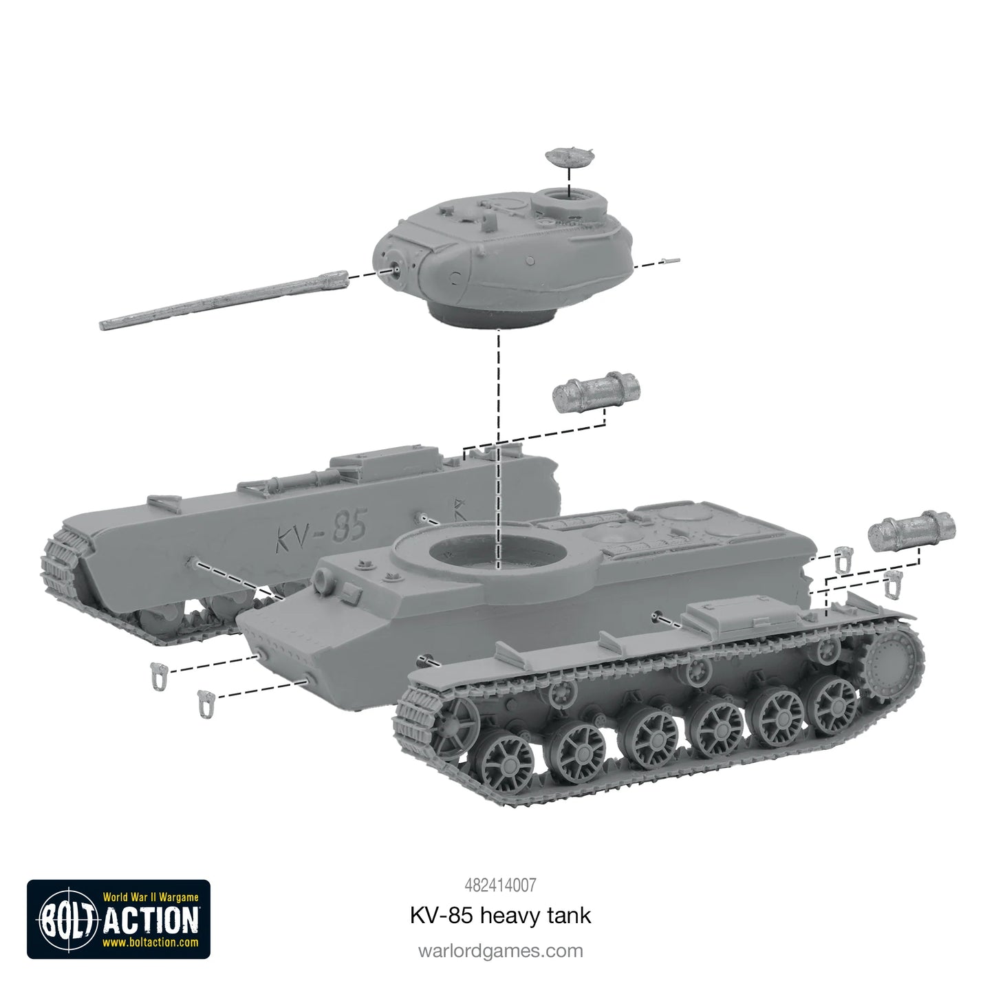 KV-85 Heavy Tank Bolt Action - exploded view, szary model nieskładany, wieżyczka i kadłub, kod 482414007