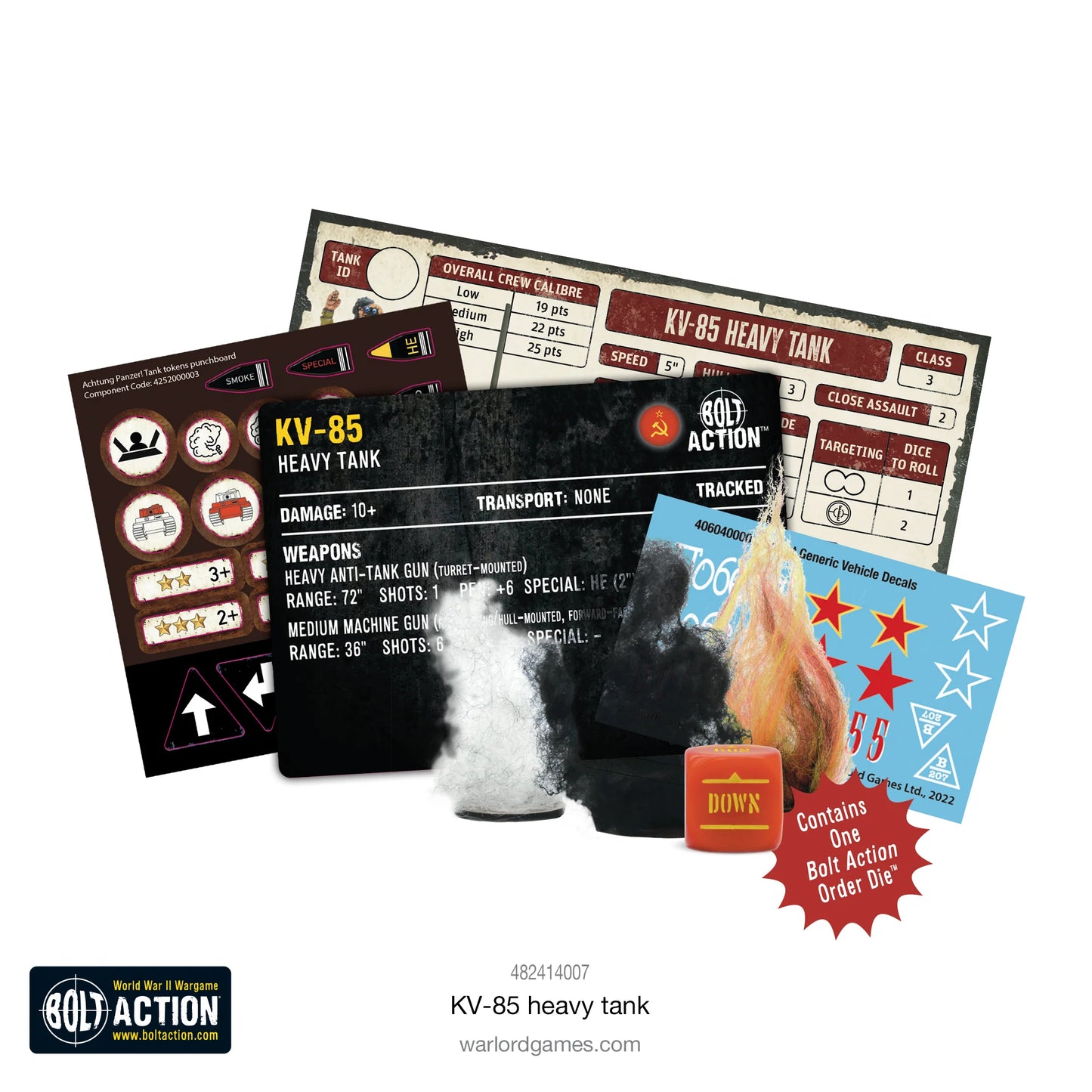 KV-85 Heavy Tank Bolt Action - zawartość zestawu: karta Bolt Action, karta Achtung Panzer!, żetony, kość rozkazów, kalkomanie, kod 482414007