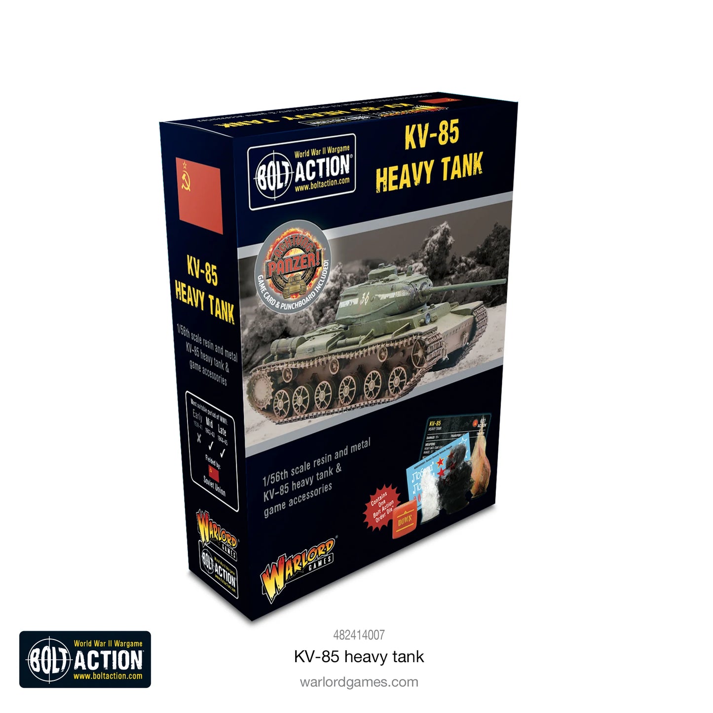 KV-85 Heavy Tank Bolt Action - pudełko zestawu: granatowe, napis KV-85 HEAVY TANK, logo Bolt Action i Warlord Games, flaga ZSRR, kod 482414007