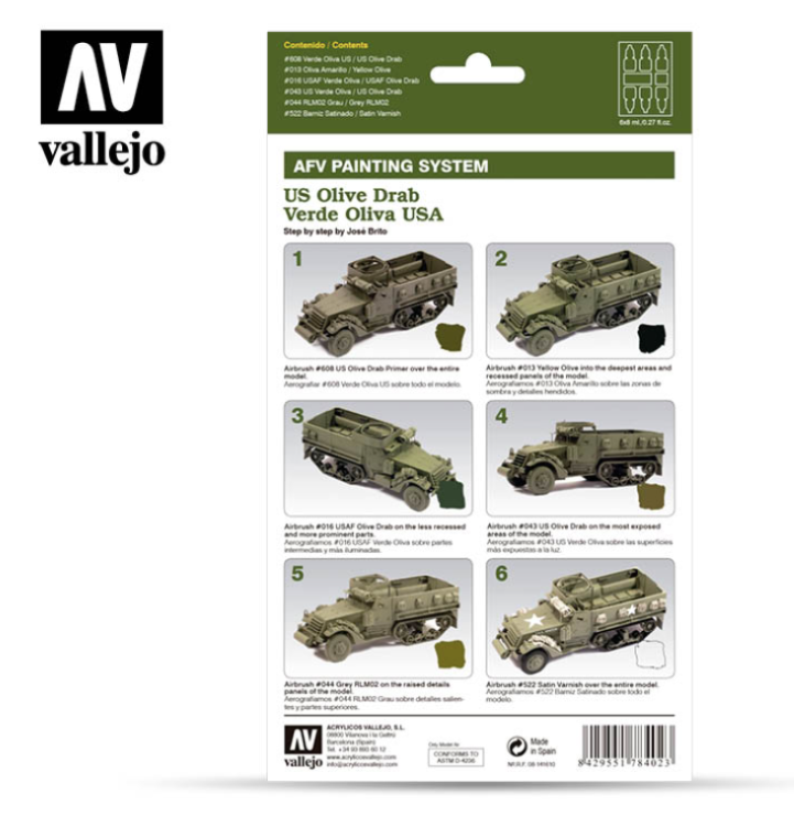 Vallejo 78402 AFV Painting System US Olive Drab – tył pudełka z instrukcją step by step José Brito: 6 etapów malowania M3 Half-Track aerografem od bazy US Olive Drab po Satin Varnish, Vallejo

