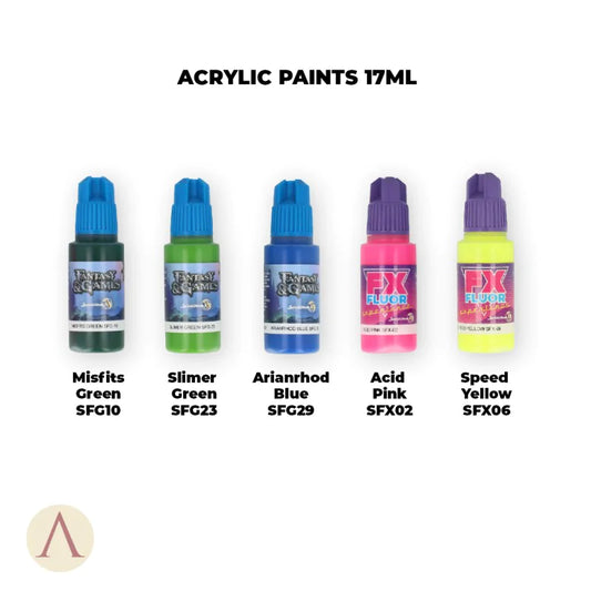 Scale75 Soilworks Environments Fantasy SEN-008 – 5 farb akrylowych 17ml zestawu: Misfits Green SFG10, Slimer Green SFG23, Arianrhod Blue SFG29, Acid Pink SFX02, Speed Yellow SFX06
