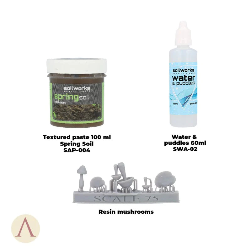 Scale75 Soilworks Environments Fantasy SEN-008 – pasta teksturowana Spring Soil SAP-004 100ml, Water & Puddles SWA-02 60ml i żywiczne grzyby Resin Mushrooms, Scale75
