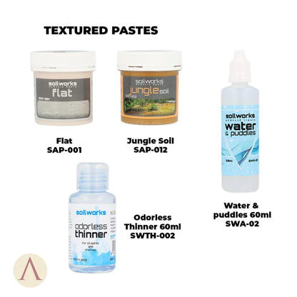 Scale75 Soilworks Environments Jungle SEN-006 – pasty teksturowane zestawu: Flat SAP-001, Jungle Soil SAP-012, Odorless Thinner 60ml SWTH-002, Water & Puddles 60ml SWA-02
