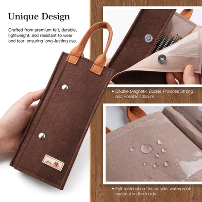 Nylon Micro Detail Brush Set Golden Maple – infografika "Unique Design": dłoń trzymająca zamknięte brązowe filcowe etui z pomarańczową rączką i logo Golden Maple; zbliżenie na podwójny magnetyczny zatrzask (Double Magnetic Buckle Provides Strong and Reliable Closure); zbliżenie na wodoodporną beżową wkładkę wewnętrzną z kroplami wody (Felt material on the outside, waterproof material on the inside)
