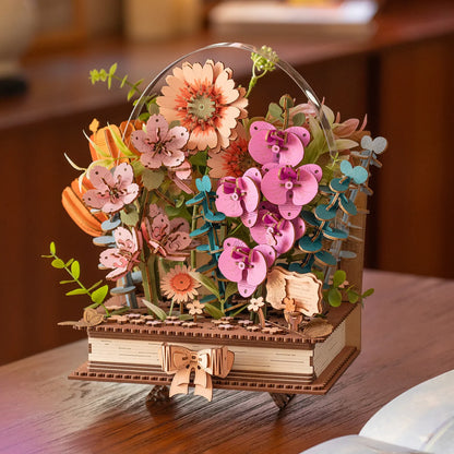 Książka w Kwiatach Wooden Blooming Book Rowood TW04H – schemat wymiarów modelu: 27,5 x 18 x 26,5 cm z oznaczeniami na białym tle
