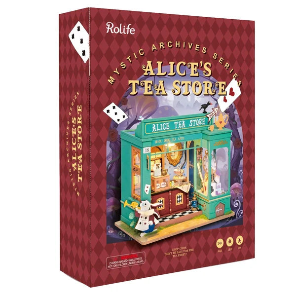 Herbaciarnia Alicji Alice's Tea Store Rolife DG156 – pudełko zestawu Mystic Archives Series z ilustracją sklepu i informacjami: 14+, LED, klej