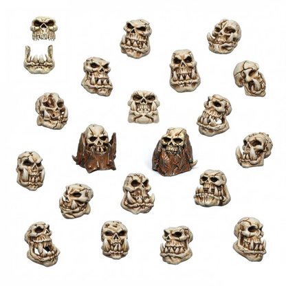 50x Resin ORK Skulls Green Stuff World 1387 – 20 ręcznie pomalowanych czaszek Orków w kolorach kości i brązu, widok wszystkich wariantów rzeźb
