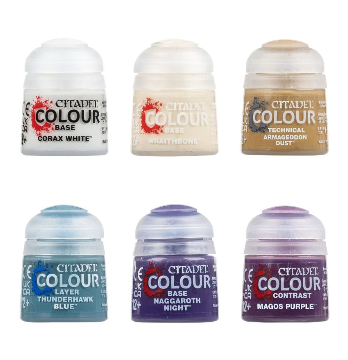 Citadel Colour 6 farb zestawu - Corax White, Wraithbone, Armageddon Dust, Thunderhawk Blue, Naggaroth Night, Magos Purple