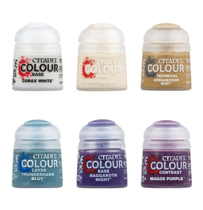 Citadel Colour 6 farb zestawu - Corax White, Wraithbone, Armageddon Dust, Thunderhawk Blue, Naggaroth Night, Magos Purple