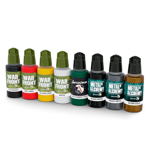 Scale75 Ribbons, Medals & Rewards SSE-043 – 8 butelek farb 17ml w rzędzie: Flat Black, Red Label, Yellow Code, White (War Front), Black Forest Green (Scalecolor), Black Metal, Heavy Metal, Elven Gold (Metal Alchemy), Scale75
