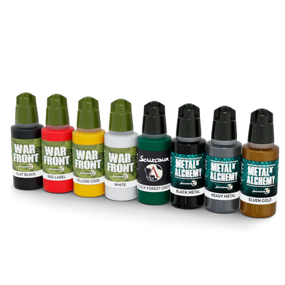 Scale75 Ribbons, Medals & Rewards SSE-043 – 8 butelek farb 17ml w rzędzie: Flat Black, Red Label, Yellow Code, White (War Front), Black Forest Green (Scalecolor), Black Metal, Heavy Metal, Elven Gold (Metal Alchemy), Scale75

