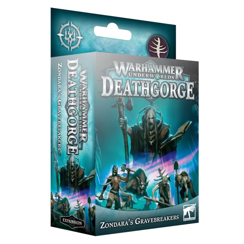 Warhammer Underworlds Deathgorge Zondara's Gravebreakers - pudełko zestawu Expansion z pięcioma nieumarłymi: wysoka nekromantka w czarnej szacie z kosturem i księgą (centrum górne), wojownik-zombie z toporem (lewy), zombie z łopatą (prawy), dwa mniejsze zombie u dołu na turkusowo-szarym tle z lodowymi kryształami, napis Warhammer Underworlds Deathgorge Zondara's Gravebreakers Expansion