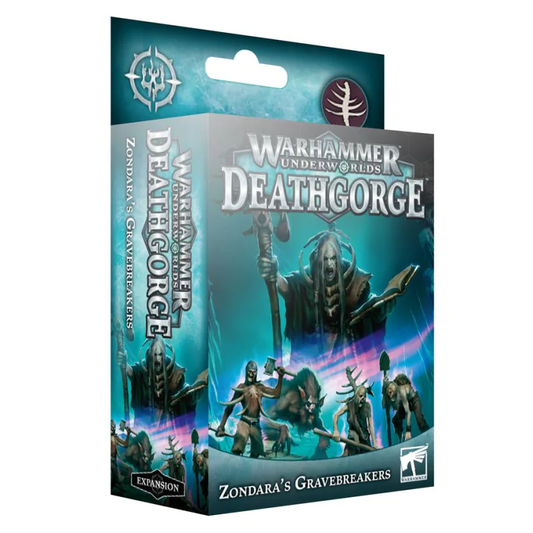 Warhammer Underworlds Deathgorge Zondara's Gravebreakers - pudełko zestawu Expansion z pięcioma nieumarłymi: wysoka nekromantka w czarnej szacie z kosturem i księgą (centrum górne), wojownik-zombie z toporem (lewy), zombie z łopatą (prawy), dwa mniejsze zombie u dołu na turkusowo-szarym tle z lodowymi kryształami, napis Warhammer Underworlds Deathgorge Zondara's Gravebreakers Expansion