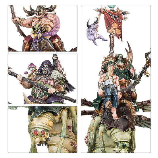 Maggotkin of Nurgle Battleforce: Shudderblight Cyst – detale pomalowanych figurek: Harbinger of Decay na Pusgoyle Blightlordzie, zbliżenia na zbroję i podstawkę, Games Workshop
