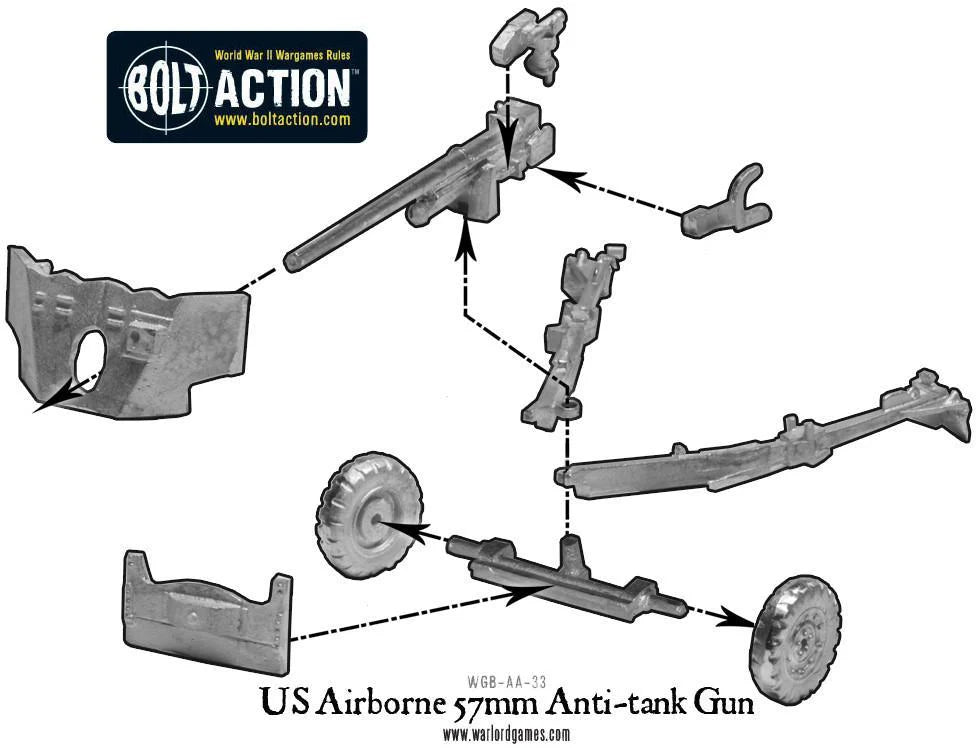 US Airborne 57mm Anti-Tank Gun Bolt Action 28mm - schemat montażu elementów działa, WGB-AA-23