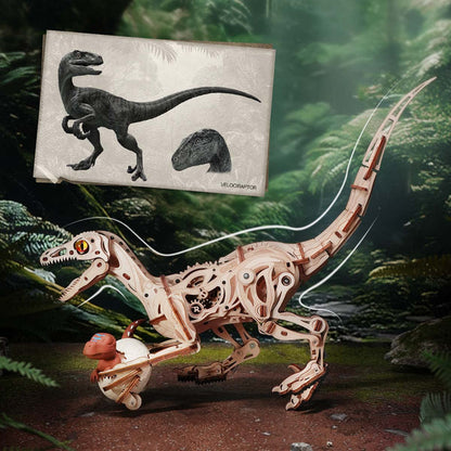 Velociraptor ROKR LD01 – rozłożone elementy zestawu na stole: arkusze drewna, guma, sprężyny, instrukcja i pudełko ROKR Prehistoric Planet