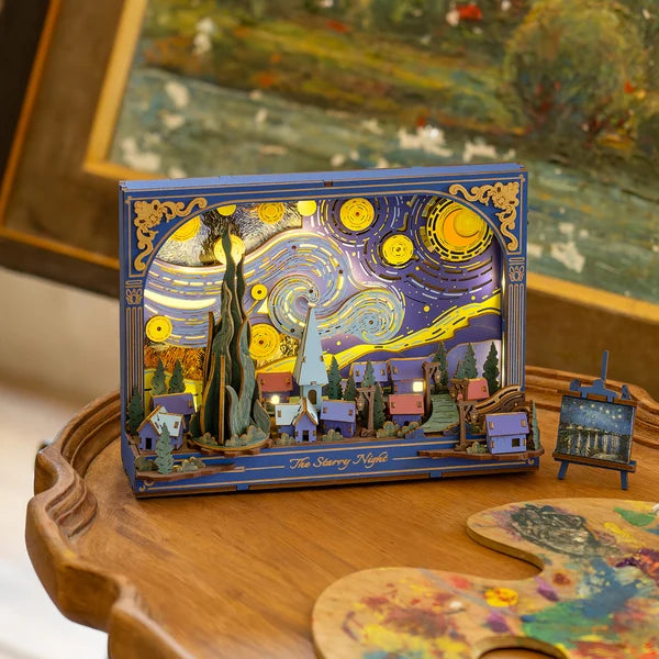 Gwiaździsta Noc The Starry Night Rowood TH003 – pudełko zestawu: przód z ilustracją i tył ze specyfikacją, LED breathing light, 238 el., 14+