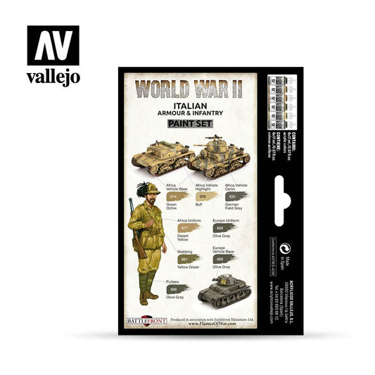 Vallejo 70209 WWII Italian Armour & Infantry Paint Set – tył pudełka z schematem malowania: pojazdy pustynne Afryki (Africa Vehicle Base/Highlight/Camo), mundur afrykański i europejski z przypisaniem 6 kolorów, Battlefront Miniatures
