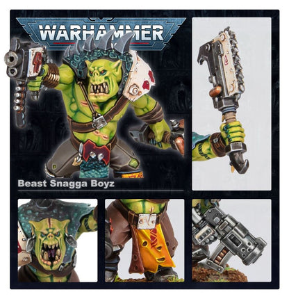Ork Beast Snagga Boyz - plansza Warhammer 40000 5 kadrów: główny widok Beast Snagga Boy zielona skóra biała choppa z zębami piłą i szary slugga z czerwonym symbolem 4 brązowy pas z czerwoną klamrą turkusowe spodnie; zbliżenie choppy biała z zębami piłą i czarną rękojeścią zielona dłoń; zbliżenie głowy zielona skóra otwarte usta z kłami turkusowa zbroja łuskowa z rogami; zbliżenie pasa brązowy z białą klamrą żółta przepaska z czerwonymi rombami; zbliżenie sluggi szary z czarną lufą i pomarańczowymi detalami 