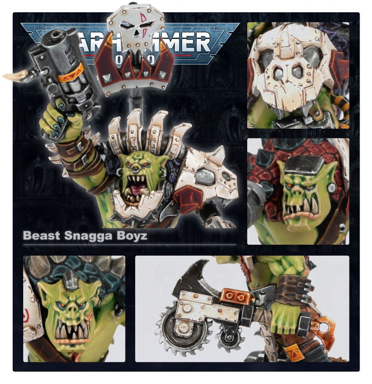 Ork Beast Snagga Nob - plansza Warhammer 40000 5 kadrów: główny widok Nob zielona skóra biała zbroja z nitami i czerwonymi detalami szary thump gun cylindryczny z pomarańczową opaską uniesiony w prawej ręce biała zbroja z czaszką i rogami na głowie; zbliżenie hełmu biały z nitami i czarnym symbolem D; zbliżenie twarzy zielona skóra otwarte usta z kłami czerwone oko biała zbroja z czerwonymi detalami; zbliżenie dłoni zielona z białą zbroją łuskową i szarym thump gun; zbliżenie power snappa szary
