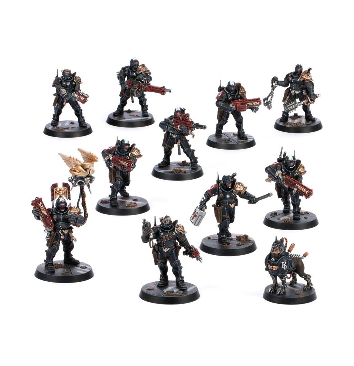 Combat Patrol Imperial Agents - 11 figurek Adeptus Arbites czarny pancerz czerwone shotguny złote detale Cyber-mastiff K9 i Nuncio-aquila Warhammer 40000