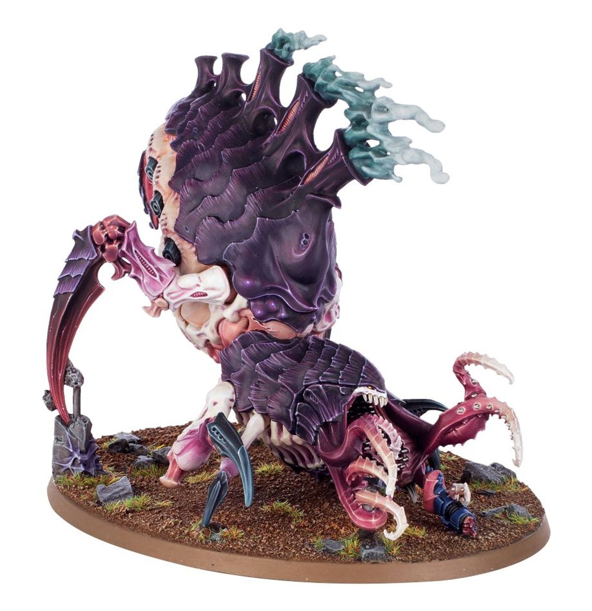 Psychophage Tyranids - widok z prawej fioletowo-różowe ciało 6 szponiastych kończyn wieloszczękowa paszcza z mackami turkusowe spory na grzbietowych kominach brązowa podstawka owalna Warhammer 40K